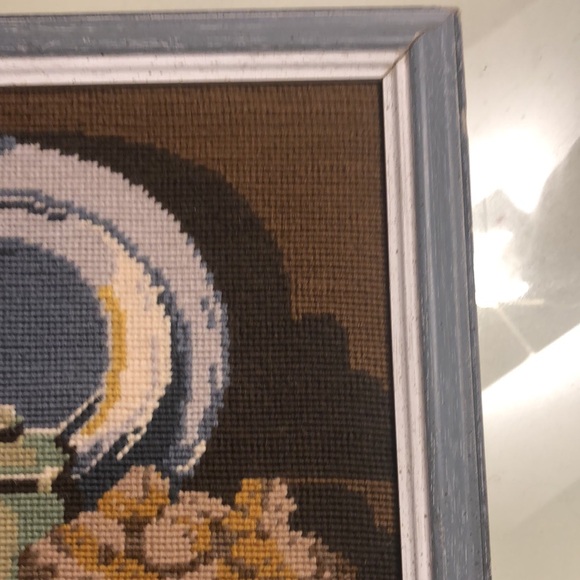 Tapestry Needlepoint still life/bread/cheese/lighted candle/peuter pitcher&plate - Picture 5 of 12